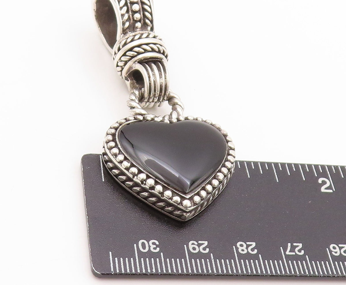 925 Sterling Silver Vintage Pendant Modernist Dangling Onyx Heart  PT24064