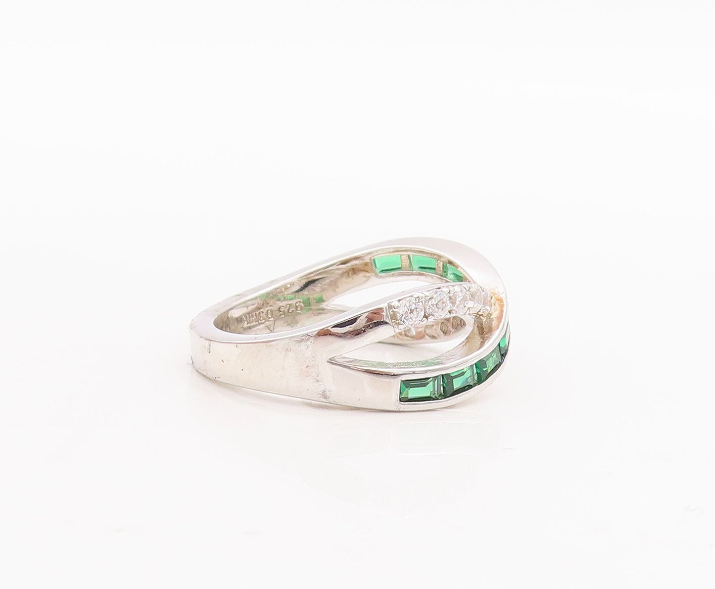 925 Sterling Silver Vintage Ring Peridot CZ Inlay X Cutout Bands  Sz 7  RG29271