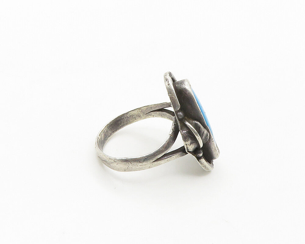 925 Sterling Silver Vintage Turquoise Floral Leaf Cocktail Ring Sz 8.5  RG18325