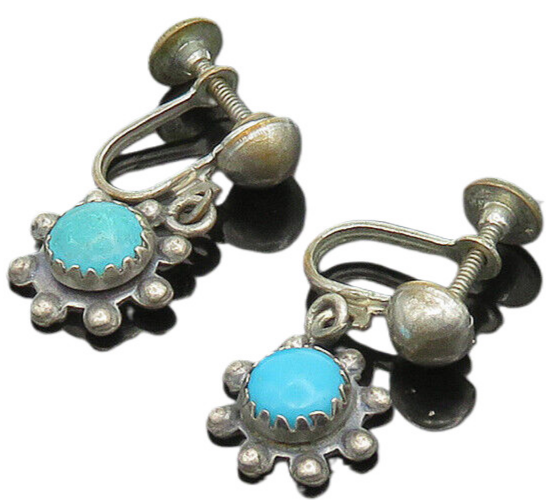 SOUTHWESTERN 925 Silver Vintage Turquoise Non Pierce Drop Earrings EG9868