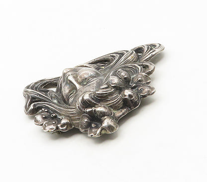 925 Sterling Silver  Vintage Dark Tone Woman's Face Floral Brooch Pin  BP6546