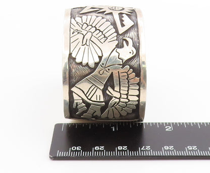 925 Sterling Silver Vintage Bracelet Carved Sun God & Eagle Wide Cuff  BT11809
