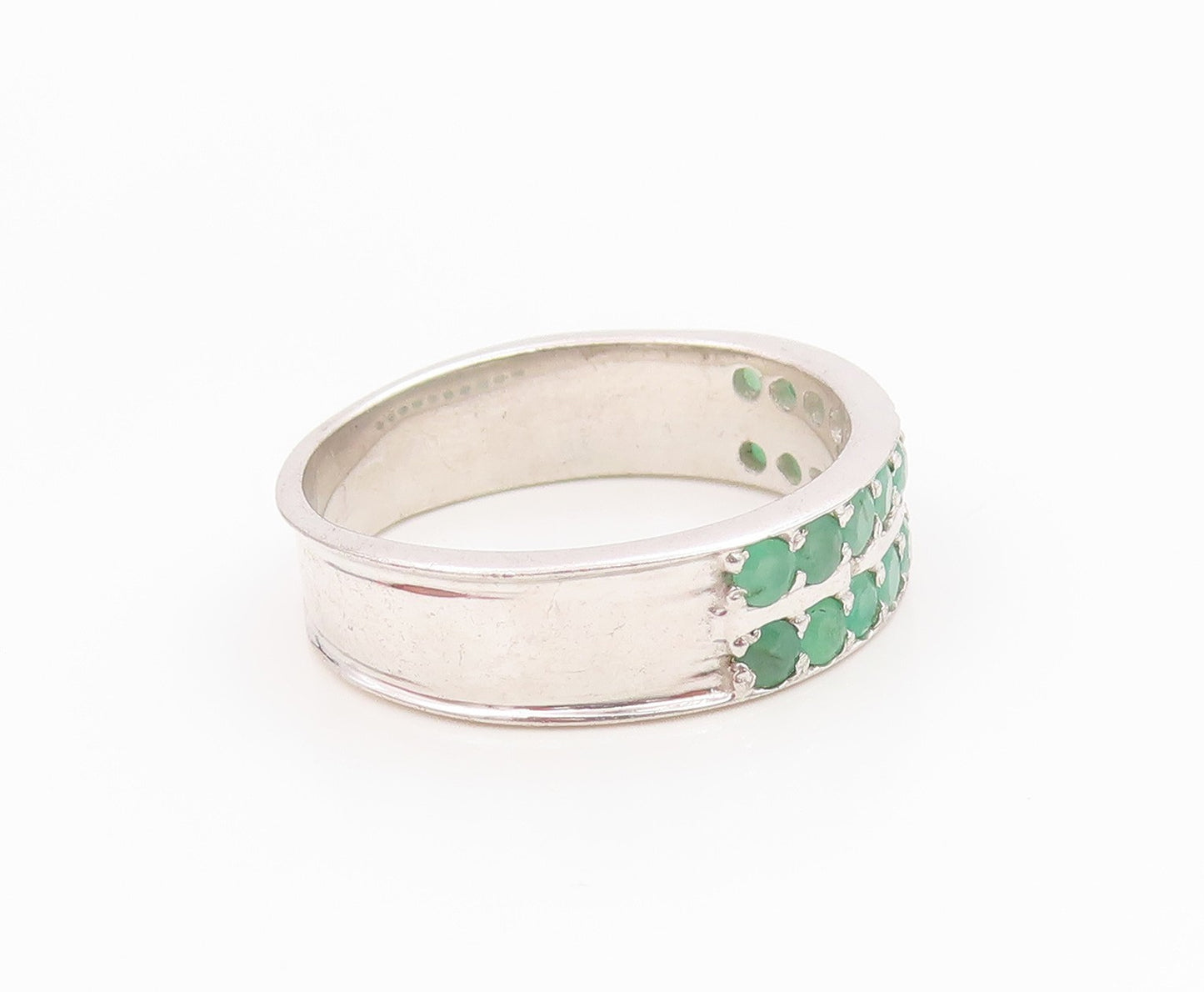 925 Sterling Silver Vintage Ring Elegant Emerald Double Row Band  Sz 10  RG36152
