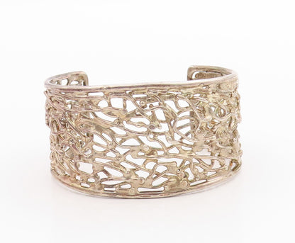 925 Sterling Silver Vintage Bracelet Brutalist Design Cutout Broad Cuff  BT11353