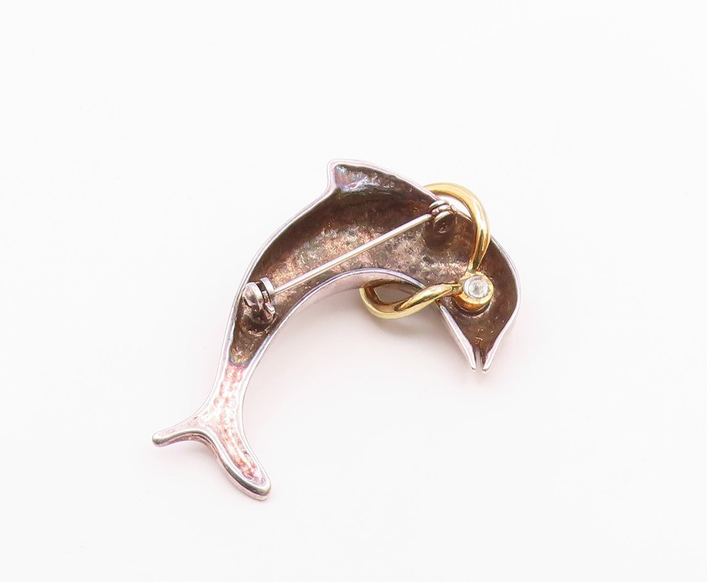 925 Sterling Silver  Vintage Shiny Two Tone Leaping Dolphin Brooch Pin  BP8784