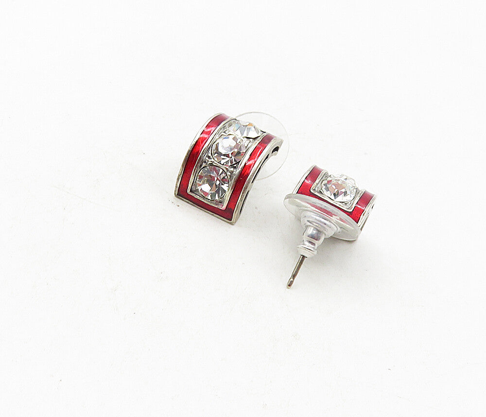 MMA 925 Silver  Vintage Cubic Zirconia & Enamel Curved Drop Earrings  EG4817