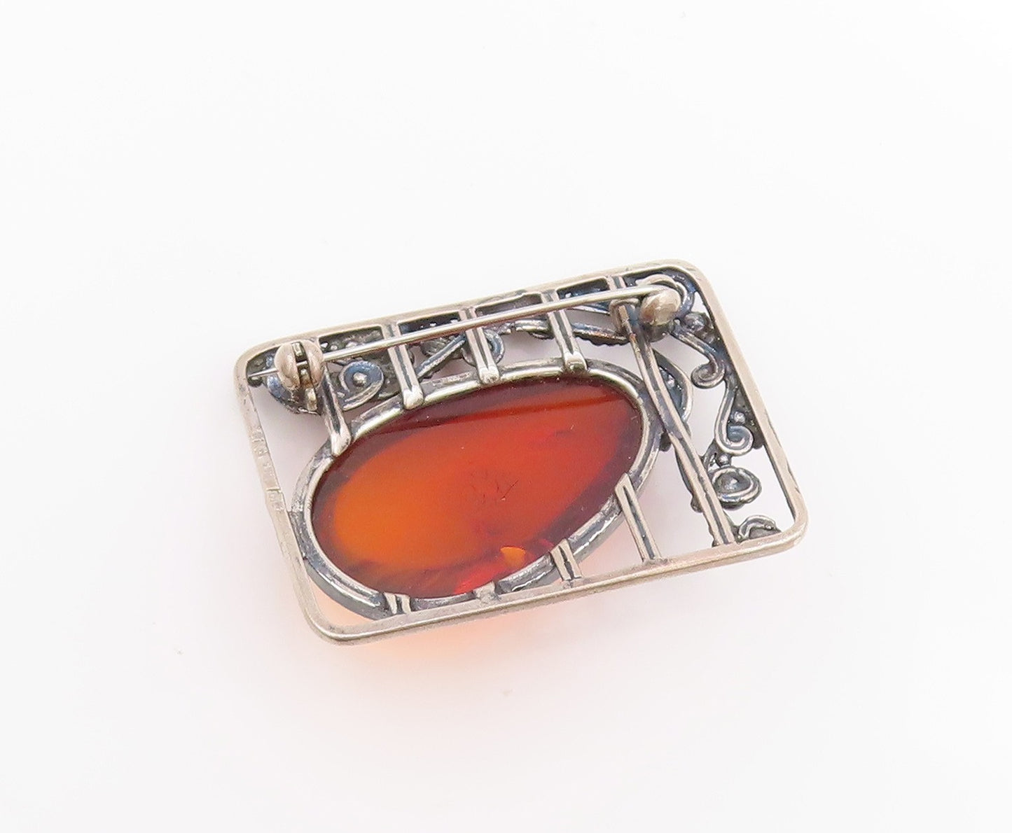 925 Sterling Silver Vintage Brooch POLAND Large Amber Swirly Cutout  BP11621