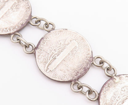 925 Sterling Silver Vintage Bracelet Classic US Mercury Dime Coin Link  BT12219