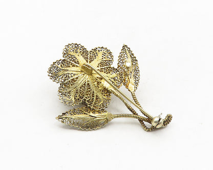 925 Sterling Silver  Vintage Shiny Filigree Flower Motif Brooch Pin  BP3791