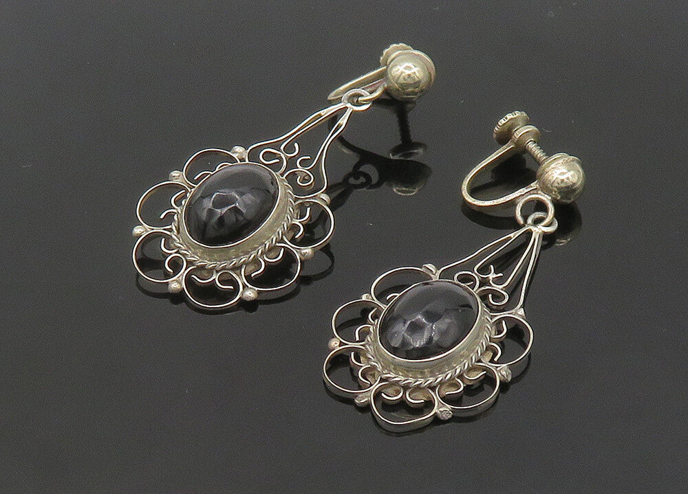 MEXICO 925 Silver  Vintage Black Onyx Floral Non Pierce Earrings  EG10507