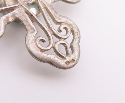 925 Sterling Silver Vintage Pendant Larimar Scrollwork Religious Cross  PT26523
