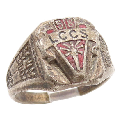 925 Sterling Silver Vintage Ring Antique Enamel 1958 LCCS Shield Sz 8.5 RG35507
