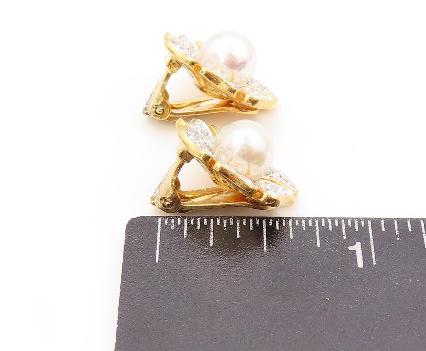925 Sterling Silver Vintage Earrings Gold Plated Pearl & CZ Inlay Flower EG13316