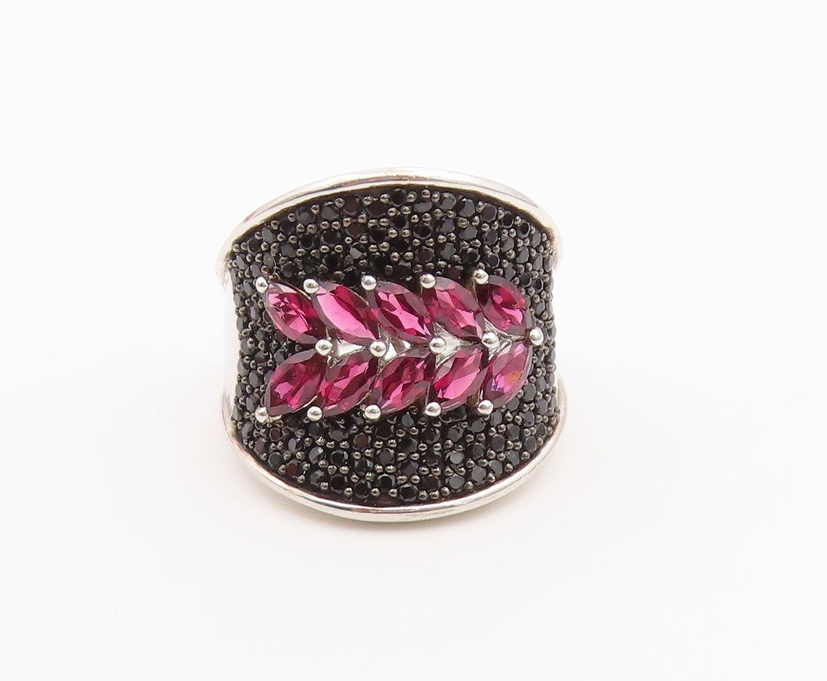 925 Sterling Silver Vintage Ring Garnet & Spinel Floral Band  Sz 11  RG36498