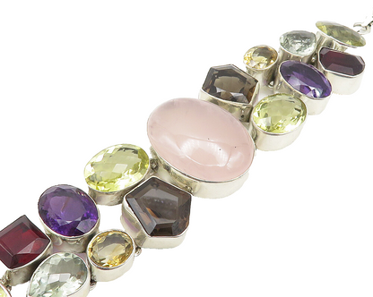 925 Silver  Rose Quartz Amethyst Peridot & Garnet Chain Bracelet  BT7487