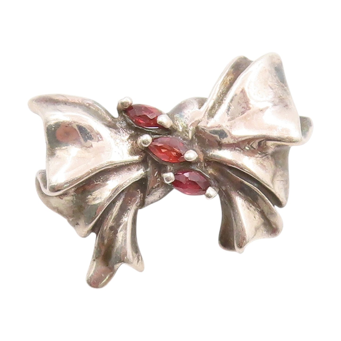 925 Sterling Silver Vintage Pendant Three Stone Garnet Ribbon Bow Charm  PT25033