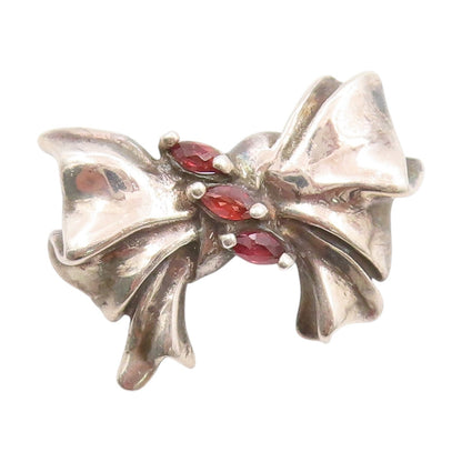 925 Sterling Silver Vintage Pendant Three Stone Garnet Ribbon Bow Charm  PT25033