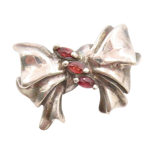 925 Sterling Silver Vintage Pendant Three Stone Garnet Ribbon Bow Charm  PT25033