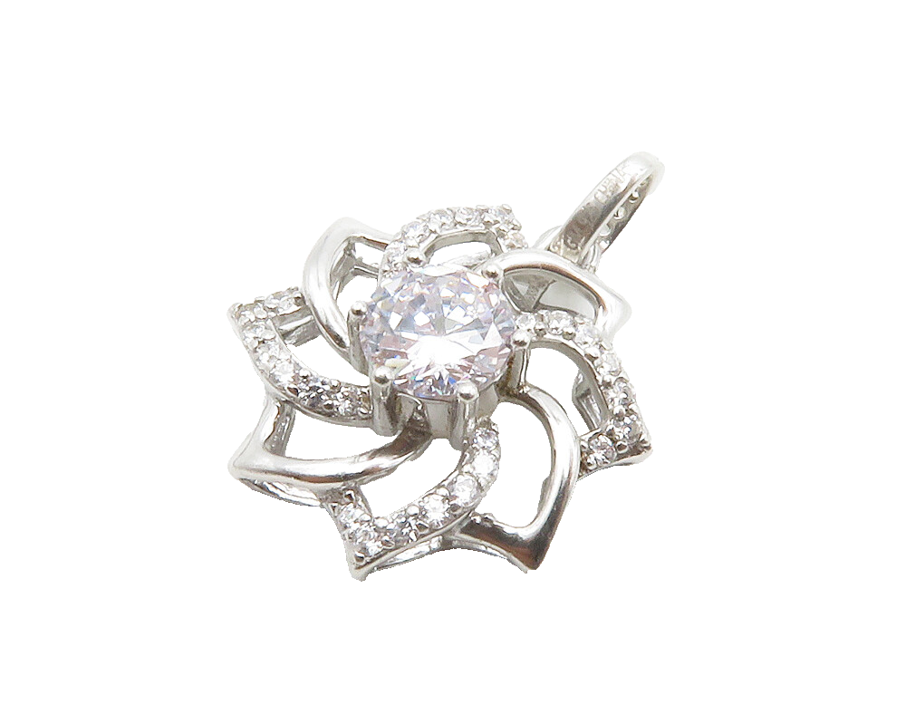 925 Sterling Silver  Shiny Cubic Zirconia Open Flower Motif Pendant  PT10434