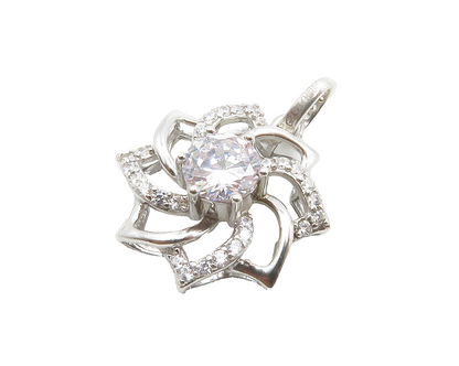 925 Sterling Silver  Shiny Cubic Zirconia Open Flower Motif Pendant  PT10434