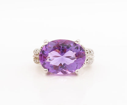 925 Sterling Silver Vintage Ring Oval Cut Amethyst Diamonds Inlay  Sz 7  RG29405