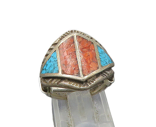 ZUNI NAVAJO 925 Silver  Vintage Turquoise & Coral Band Ring Sz 5.5  RG21816