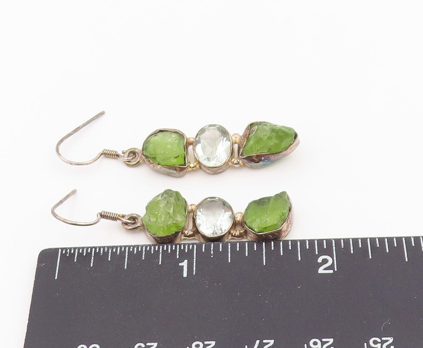 925 Sterling Silver Vintage Earrings Modernist Peridot & Topaz Dangle  EG14074