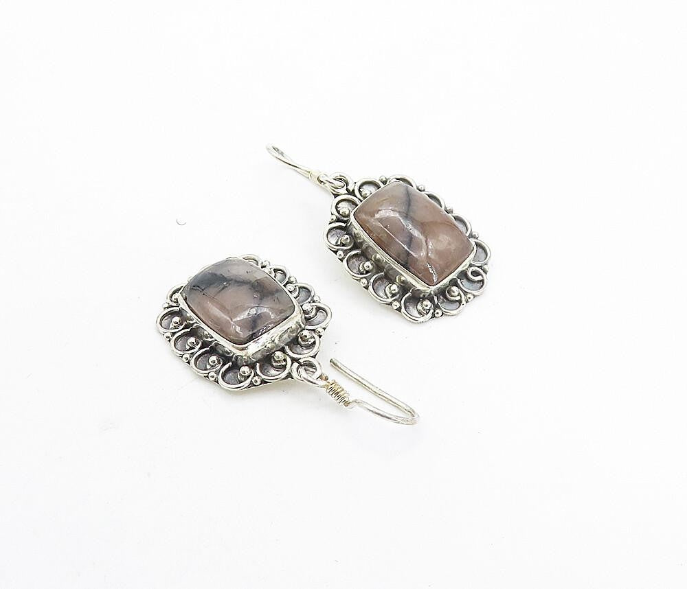 925 Sterling Silver  Vintage Cabochon Cut Agate Floral Dangle Earrings  EG3776