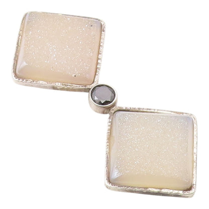 925 Sterling Silver  Vintage White Druzy Stone & Hematite Pendant  PT14295
