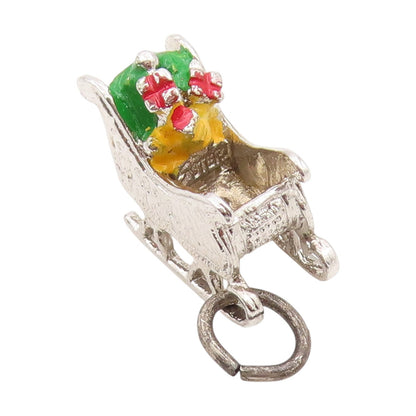 925 Sterling Silver Vintage Pendant Enameled Christmas Sleigh Charm  PT25456