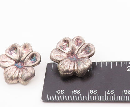 925 Sterling Silver  Vintage Dark Tone Flower Motif Non Pierce Earrings EG9970