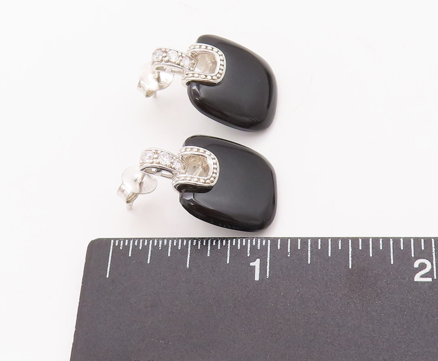 925 Sterling Silver Vintage Earrings Square Cabochon Onyx Beaded CZ  EG13010