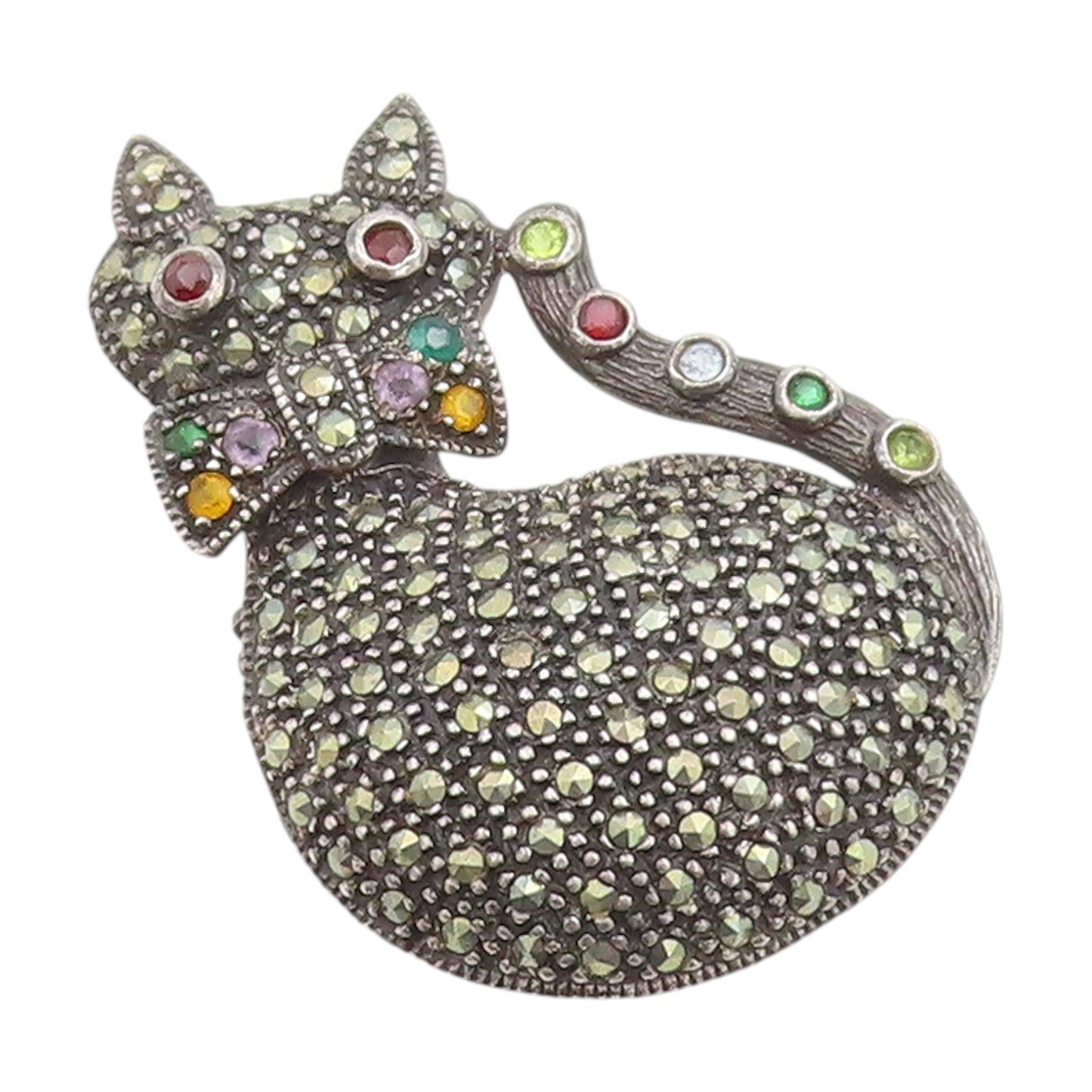925 Sterling Silver Vintage Brooch Multi Gemstone Cat With Bowtie Pin  BP11999