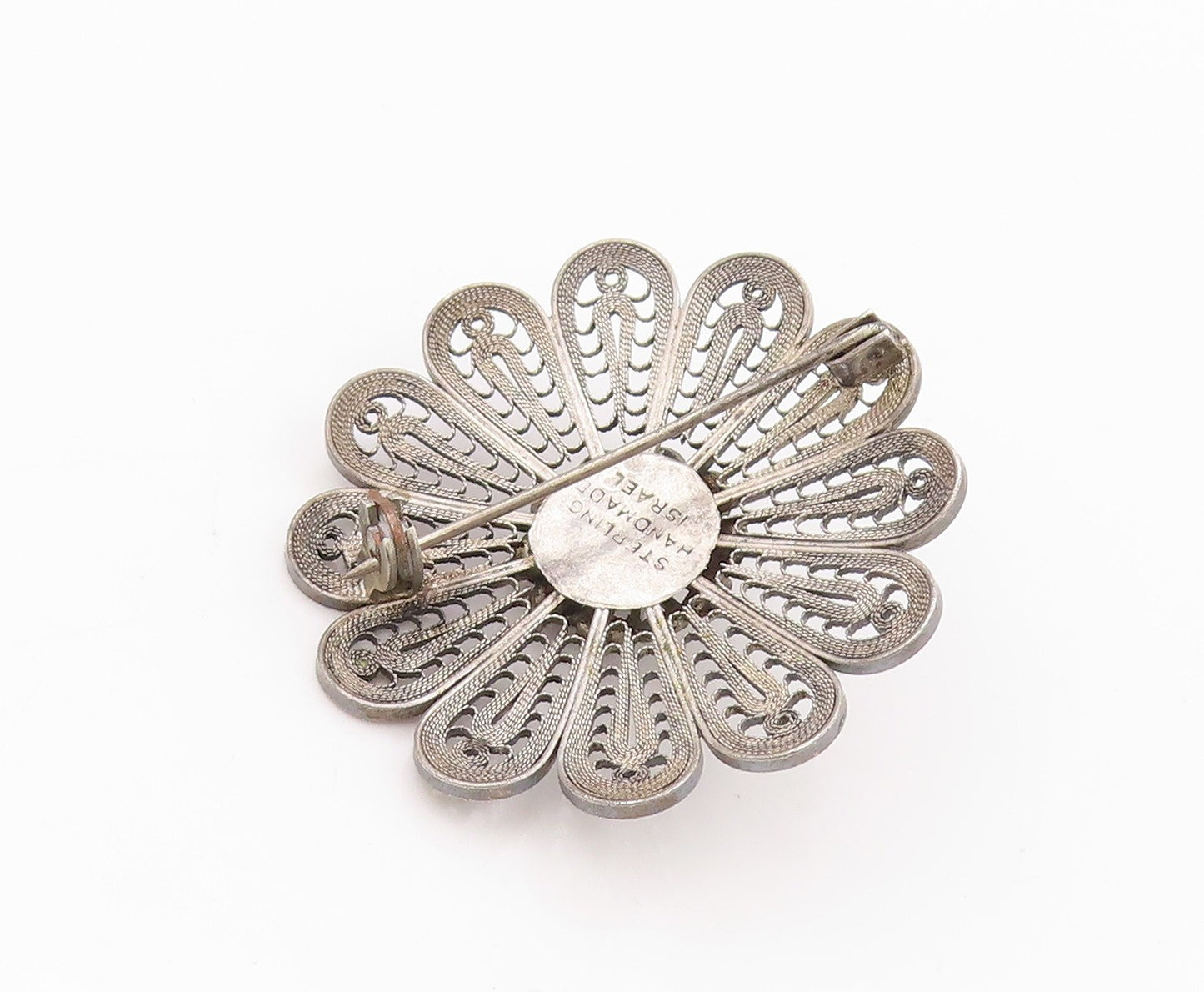 925 Sterling Silver Vintage Brooch Pin ISRAEL Dark Tone Filigree Flower  BP11566