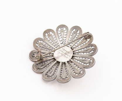 925 Sterling Silver Vintage Brooch Pin ISRAEL Dark Tone Filigree Flower  BP11566