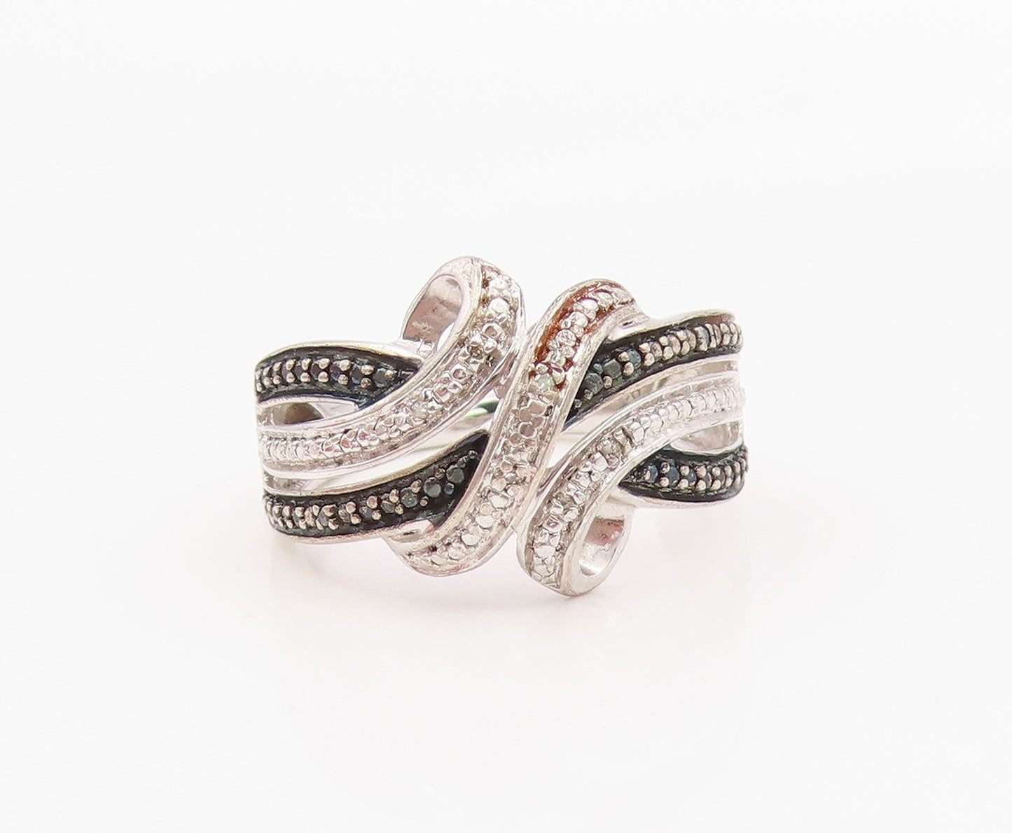 925 Sterling Silver Vintage Ring White & Black CZ Intertwined Band Sz 7 RG36351