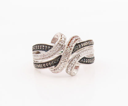 925 Sterling Silver Vintage Ring White & Black CZ Intertwined Band Sz 7 RG36351