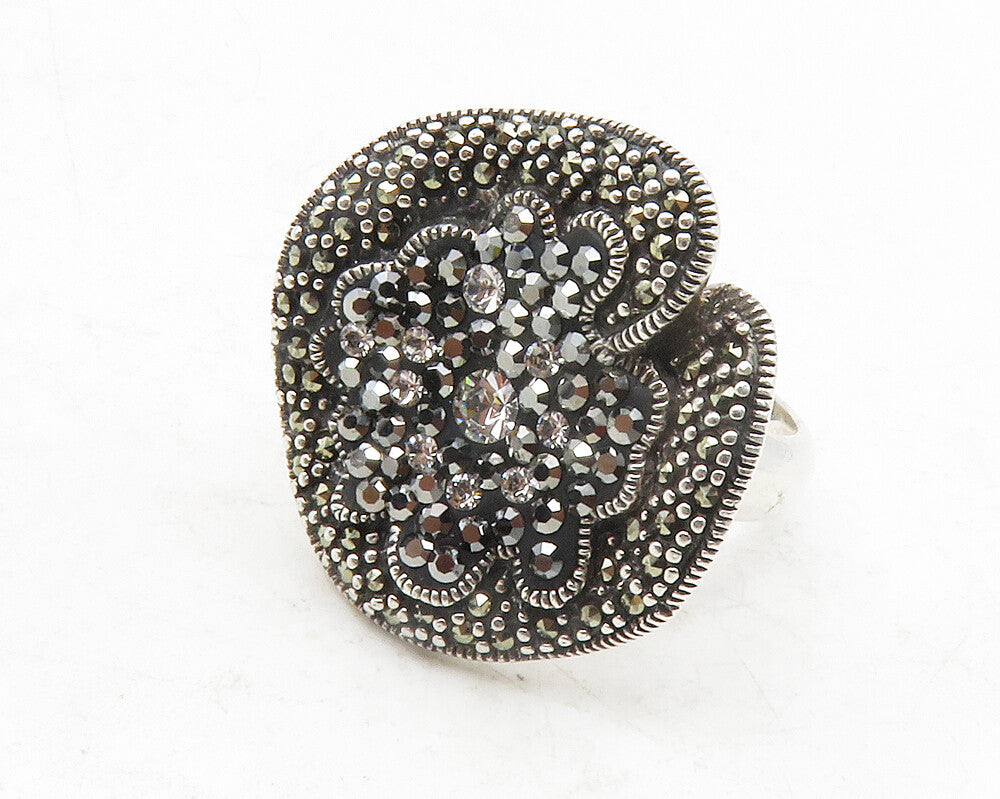925 Silver  Cubic Zirconia & Marcasite Floral Cocktail Ring Sz 6.5  RG12418