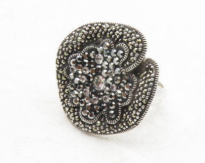 925 Silver  Cubic Zirconia & Marcasite Floral Cocktail Ring Sz 6.5  RG12418