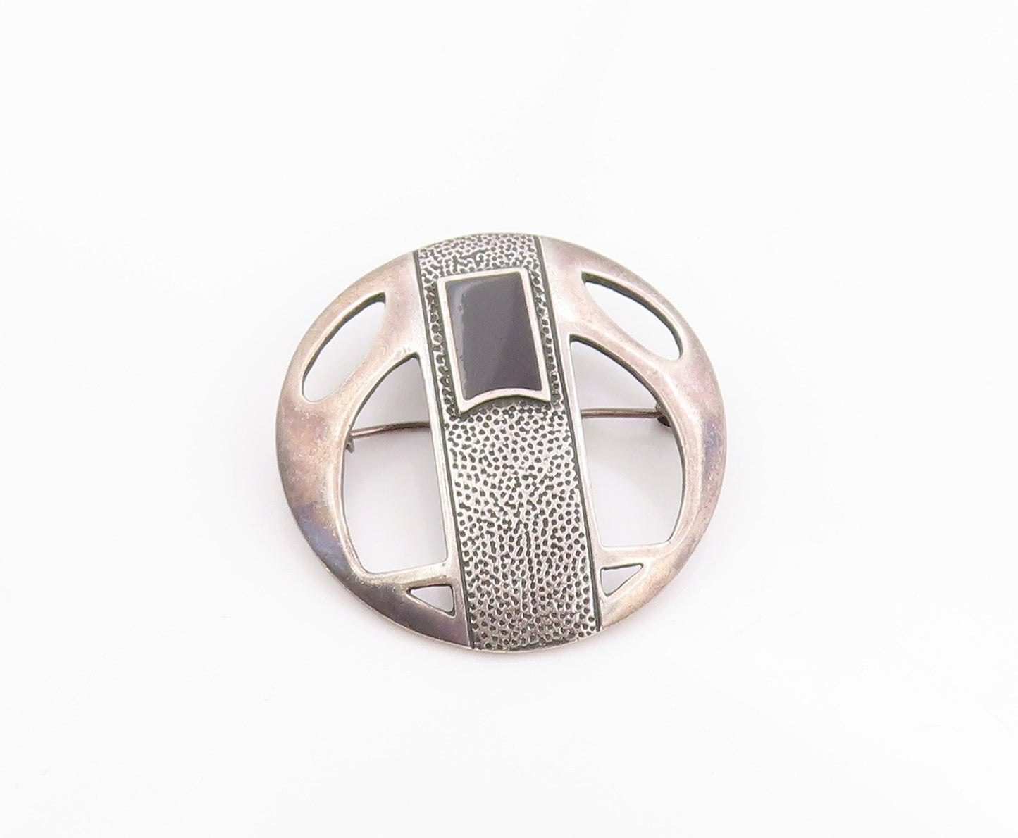 925 Sterling Silver Vintage Brooch Enameled Geometric Grace Medallion  BP11833