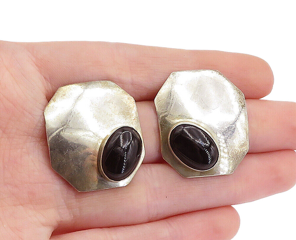925 Sterling Silver  Vintage Cabochon Cut Black Onyx Octagon Earrings  EG2667