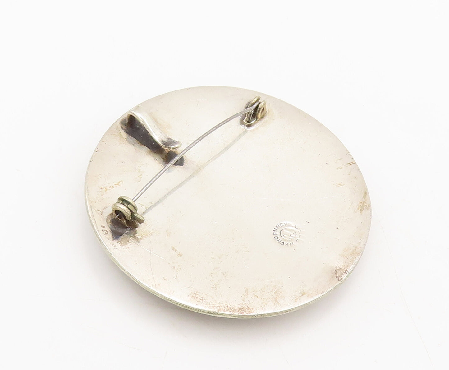 925 Sterling Silver Vintage Brooch Pin MAYAN AZTEC Etched Sun Calendar  BP10597