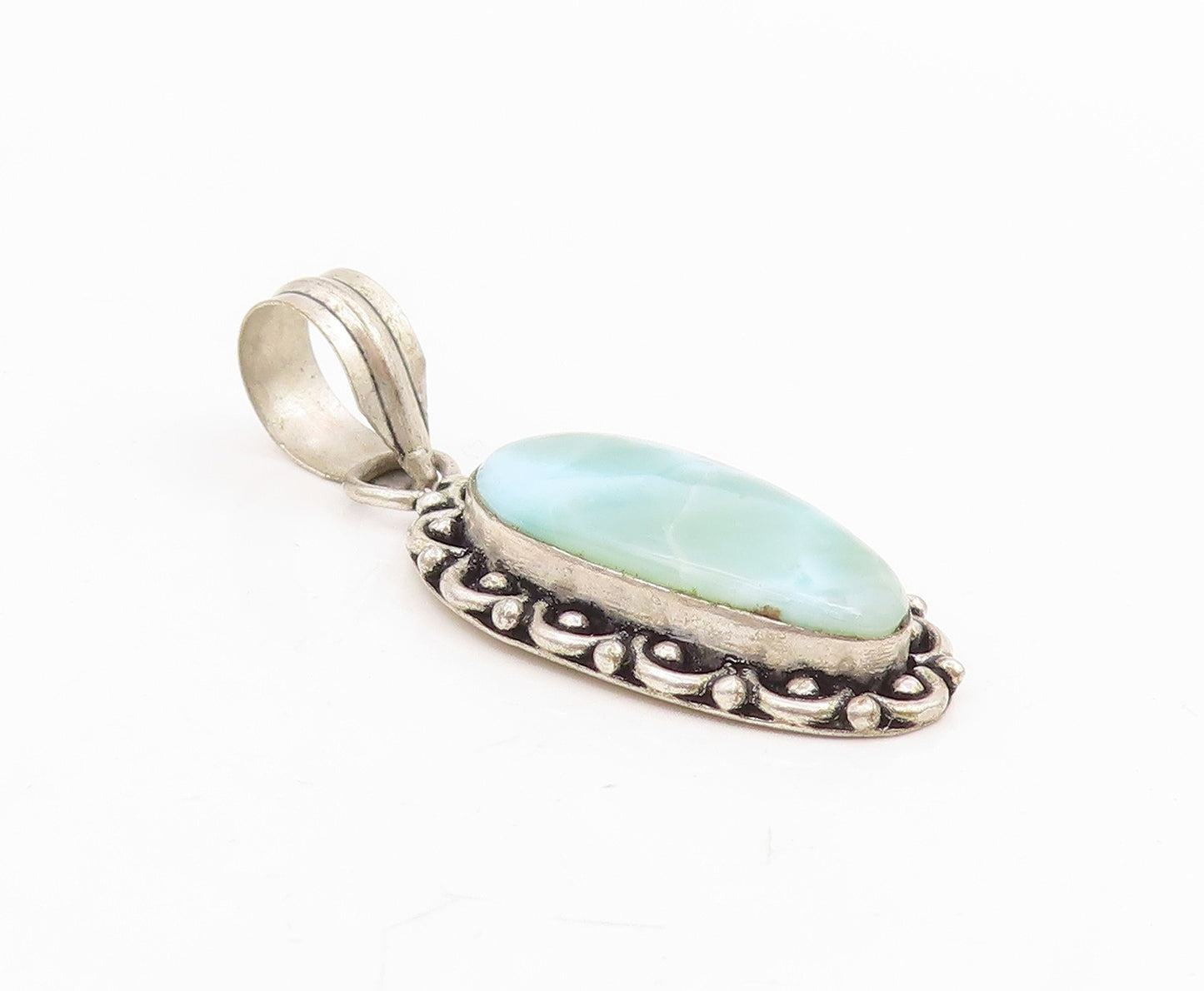 925 Sterling Silver Vintage Pendant Cabochon Larimar Scrollwork Drop  PT25790