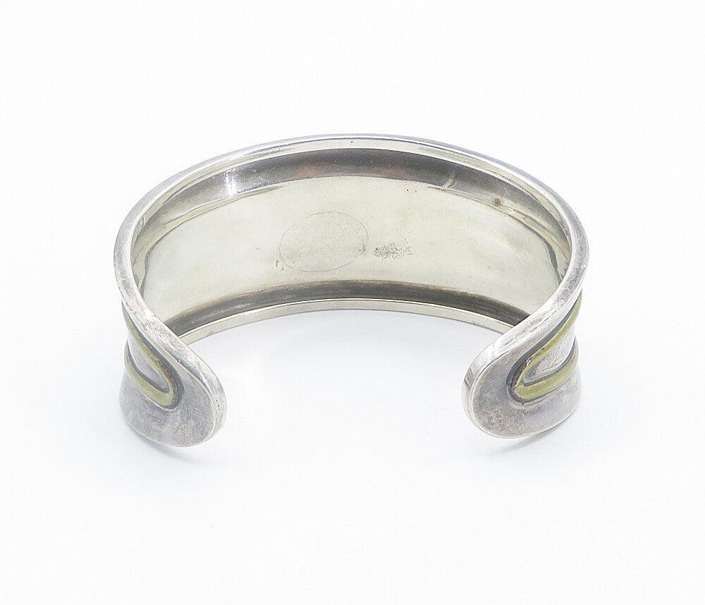 MEXICO 925 Sterling Silver Vintage Two Tone Striped Cuff Bracelet BT3393