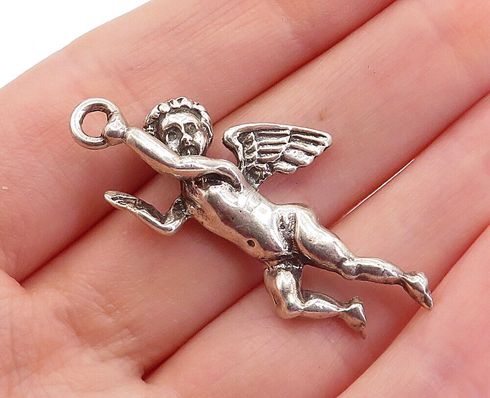 925 Sterling Silver - Vintage Shiny Sculpted Flying Angel Motif Pendant - PT2520