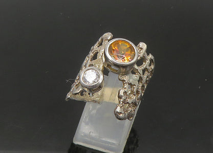 925 Silver  Vintage Cubic Zirconia & Citrine Sculpted Band Ring Sz 8.5 RG22387