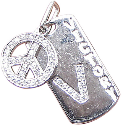 925 Sterling Silver  Cubic Zirconia Peace & Victory Tag Drop Pendant  PT1368