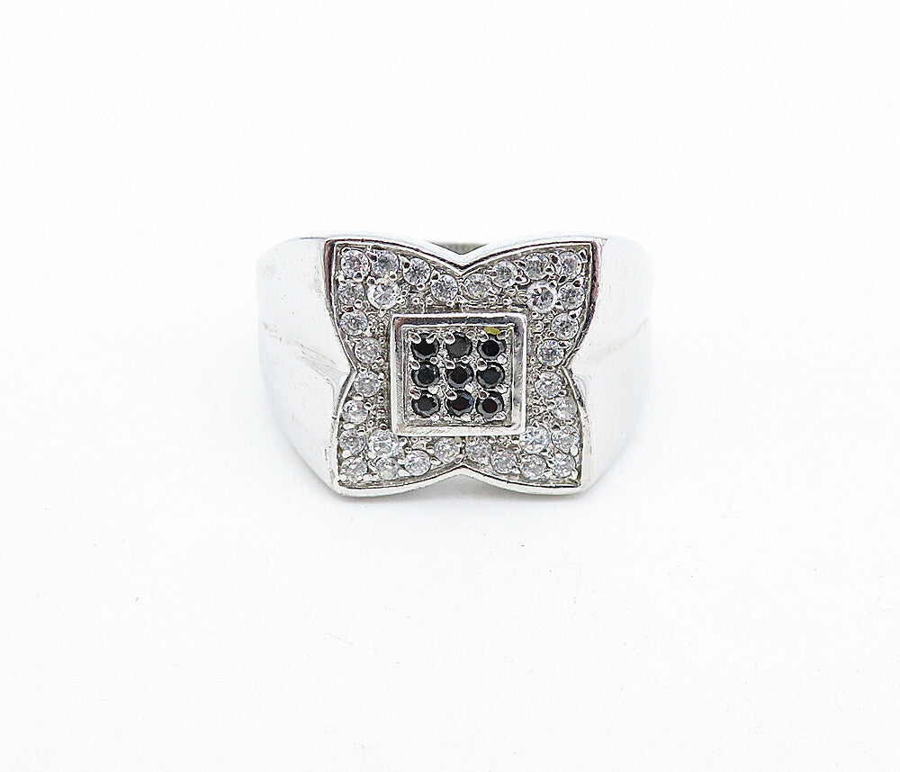 925 Sterling Silver  Round White  & Black Sapphire Band Ring Sz 11.5  RG4609