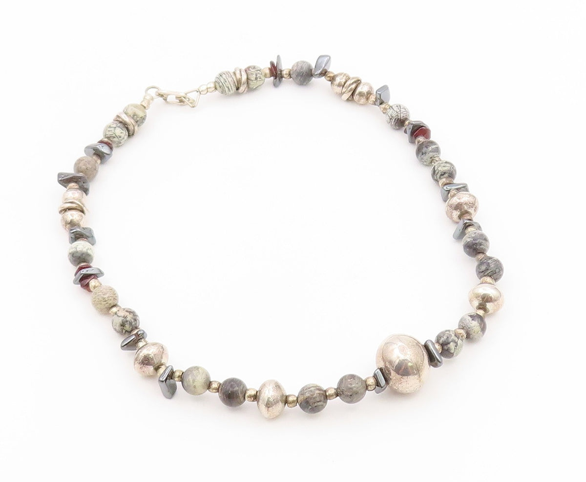 925 Sterling Silver Vintage Necklace Multi Gemstone Beaded Collar Choker  NE4925