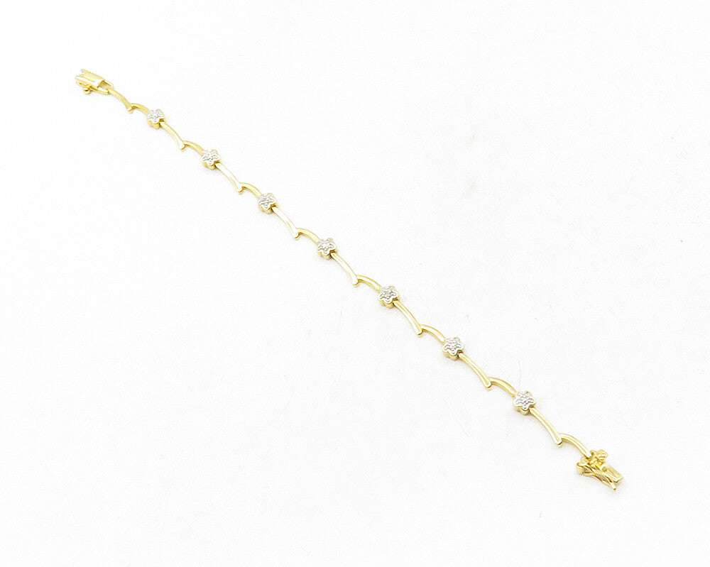 925 Sterling Silver  Genuine Diamonds 2 Tone Floral Bar Chain Bracelet  BT4812